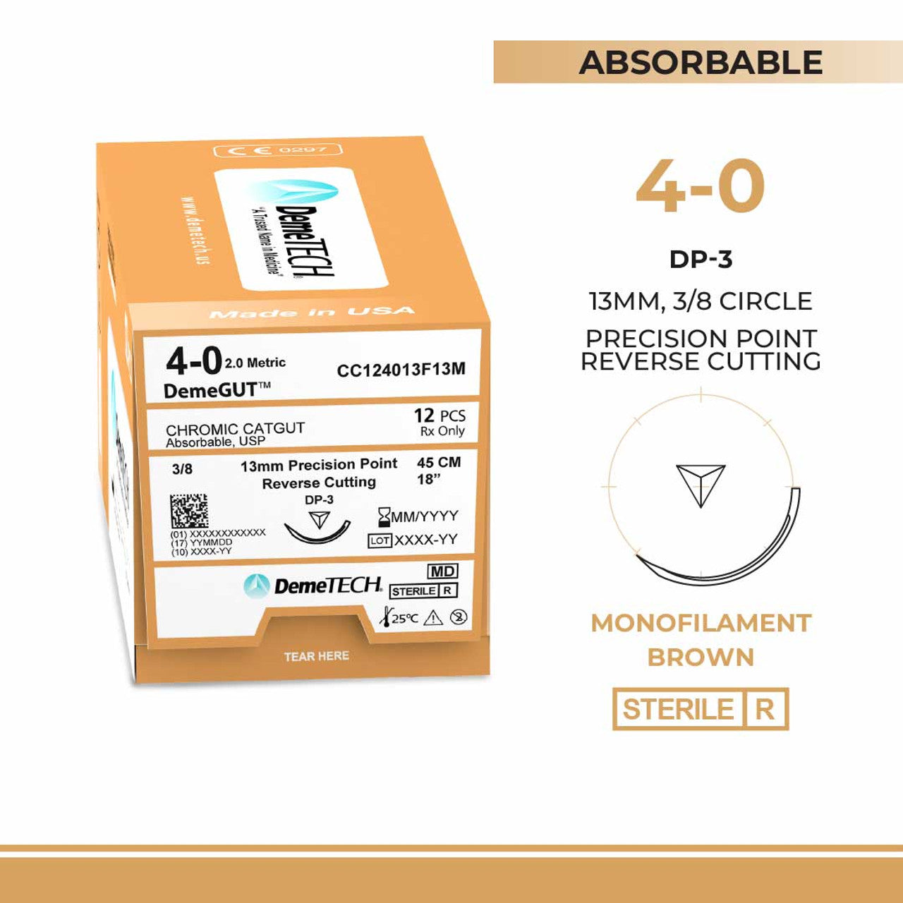 Chromic Gut, 4-0, 18", DP-3 Absorbable Suture, Precision Point Reverse Cutting, Brown 12/Box