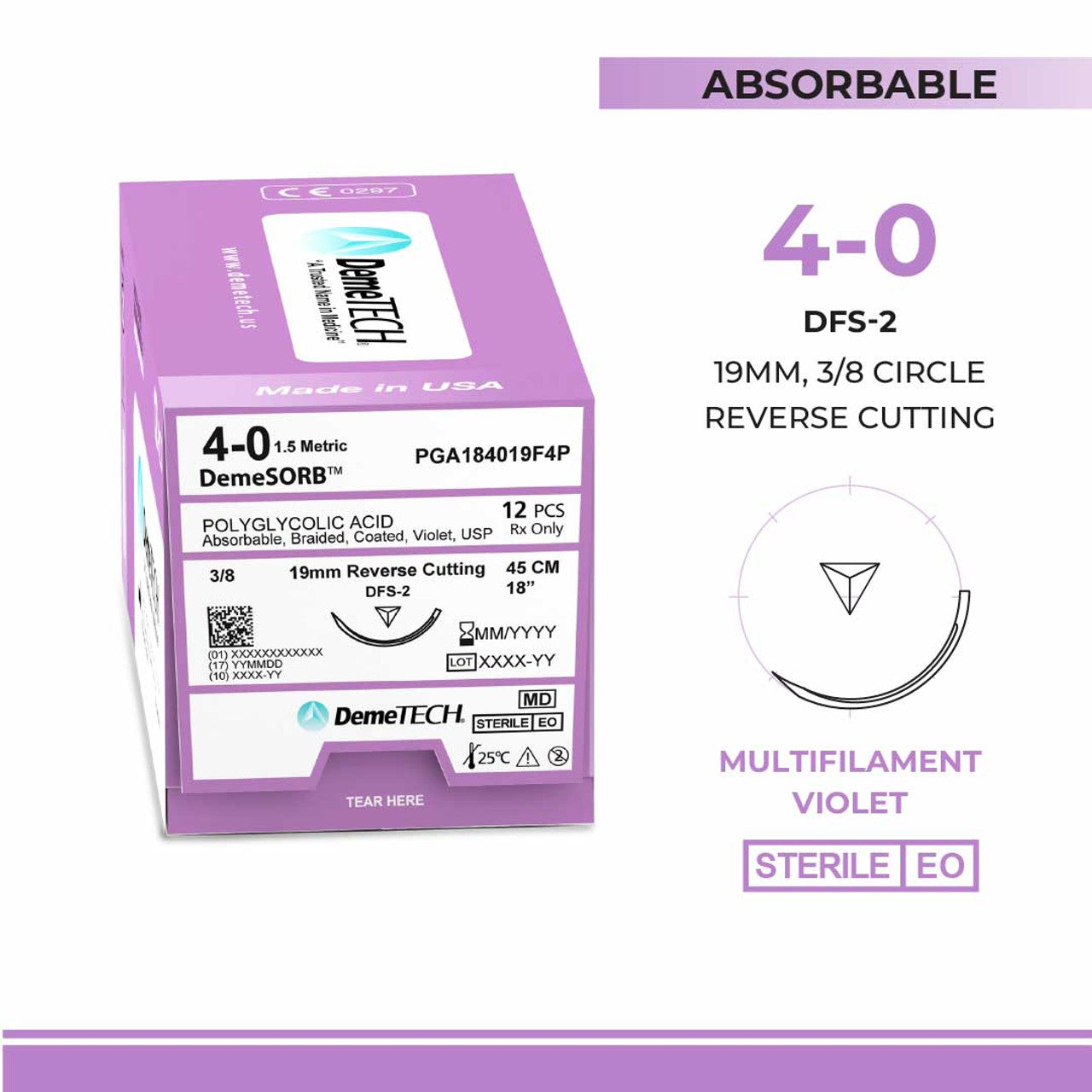 Polyglycolic Acid (PGA), 4-0, 18", DFS-2 Synthetic Absorbable Suture, Precision Point Reverse Cutting, Violet 12/Box