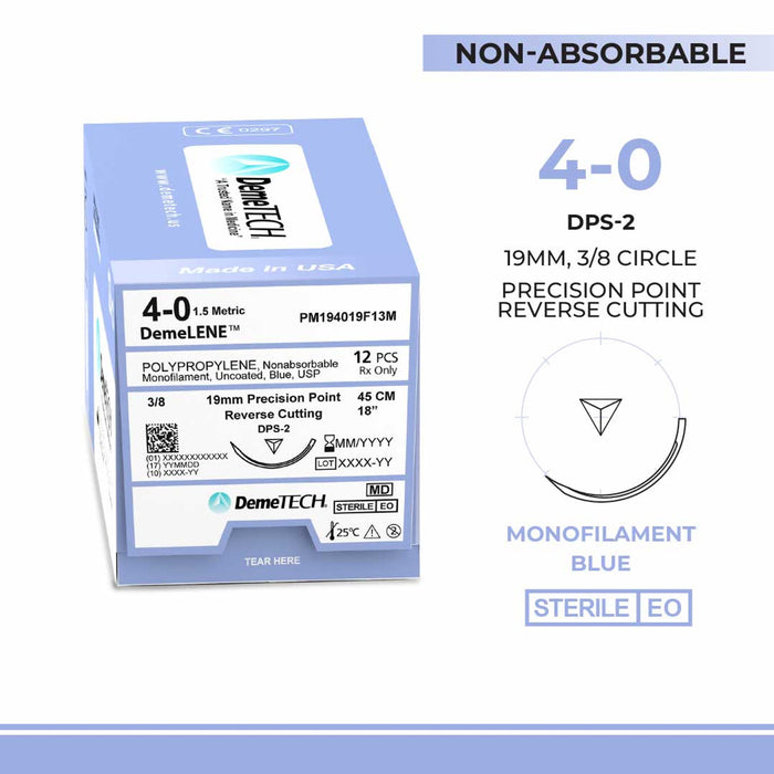 Polypropylene, 4-0, 18", DPS-2 Non-Absorbable Suture, Precision Point Reverse Cutting, Blue 12/Box