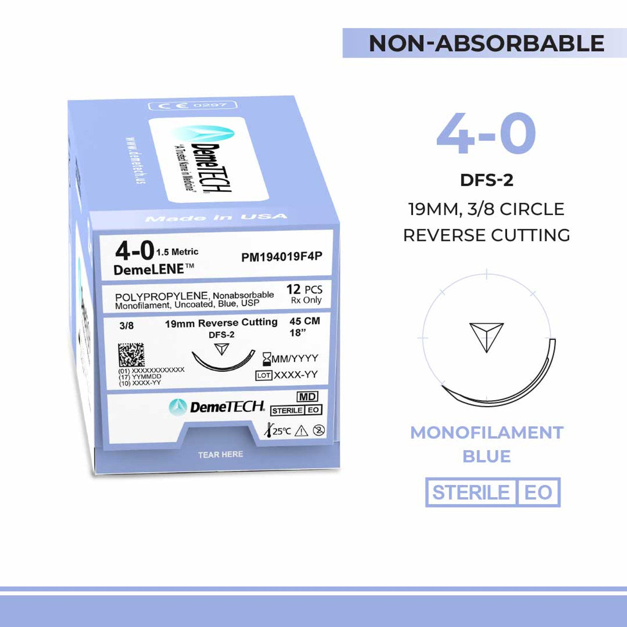 Polypropylene, 4-0, 18", DFS-2 Non-Absorbable Suture, Precision Point Reverse Cutting, Blue 12/BoxPolypropylene, 4-0, 18", DFS-2 Non-Absorbable Suture, Precision Point Reverse Cutting, Blue 12/Box