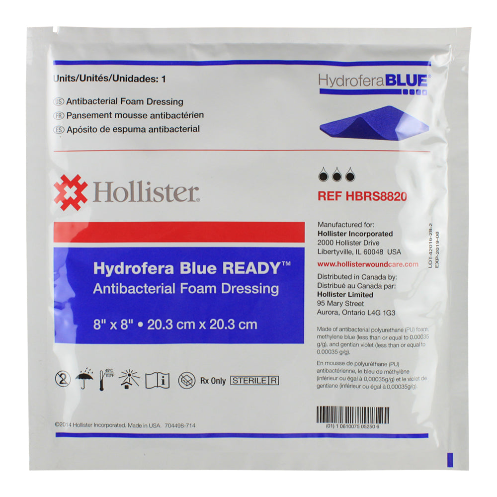 Hydrafera Blue Ready Antibacterial Foam Dressing, 8 X 8 Inch Square Non-Adhesive without Border Sterile, Hbrs8820 - Box of 10 Hydrafera Blue Ready Antibacterial Foam Dressing, 8 X 8 Inch Square Non-Adhesive without Border Sterile, Hbrs8820 - Box of 10