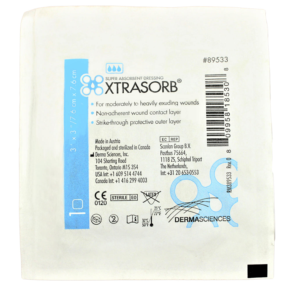 XTRASORB Classic 3"x3" Non-Adhesive Super-Absorbent Wound Dressing, 10/box